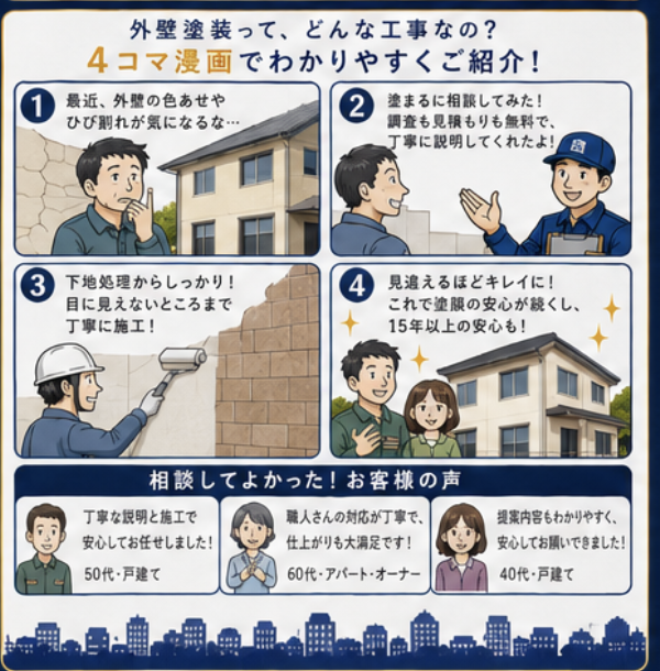外壁塗装の流れを紹介する4コマ漫画